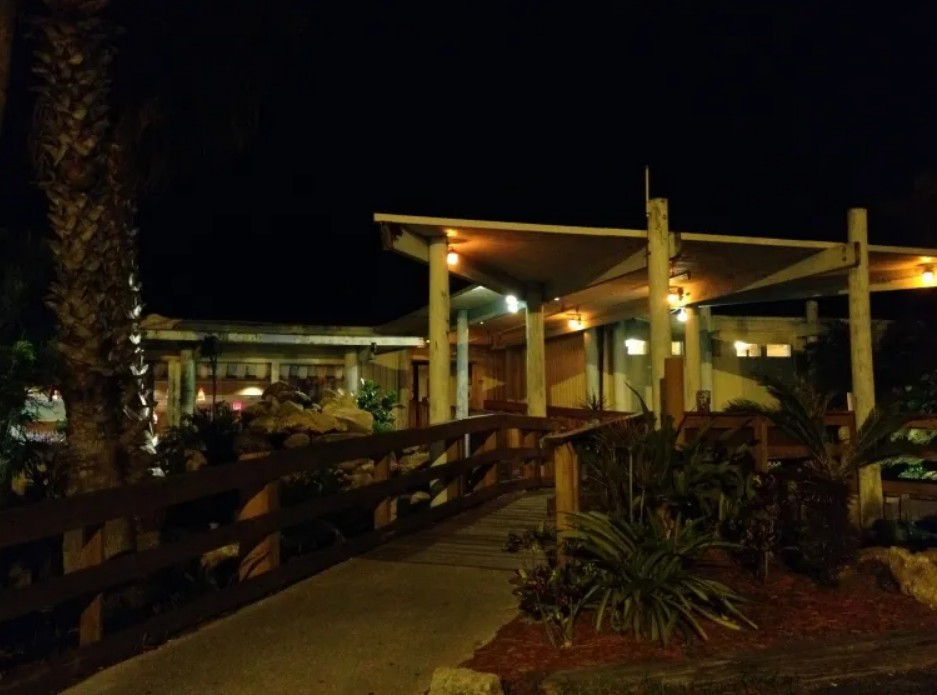 Jack Baker's Lobster Shanty at night with waterfront lights