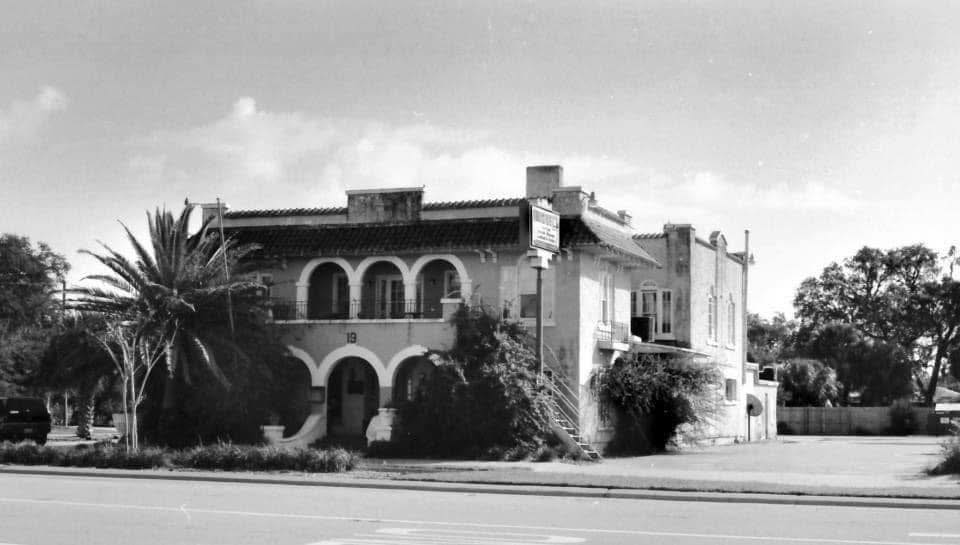 Black and white photo of the building